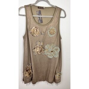 JOHN FASHION Tunic Touille Hem BEIGE Shimmer Knit Fabric Rosette Studs Large NWT